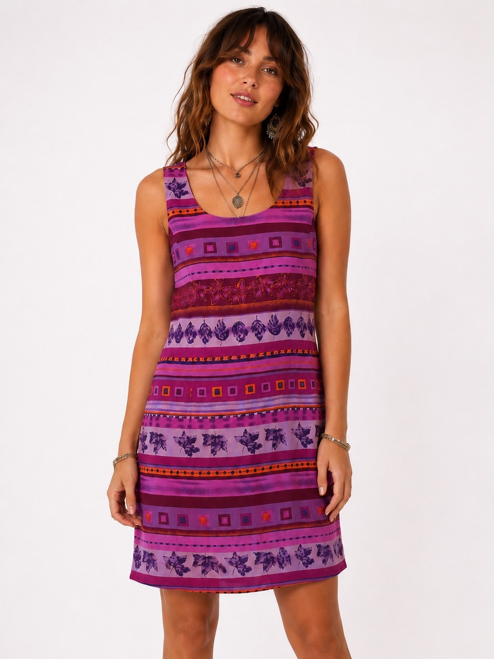 Spencer Jeremy Vintage 100%‎ Silk Shift Dress Purple Pink Boho Geometric Print